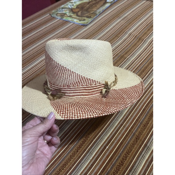 Frances Grey Hand Woven Straw Panama Hat Two Tone Cream Brown Wide Brim Fedora - Picture 9 of 14